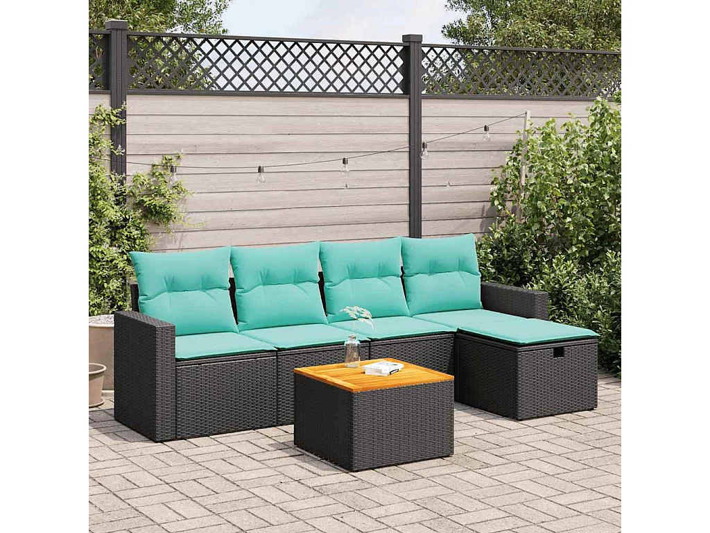 Set de sofás de jardín 6 piezas y cojines ratán sintético negro