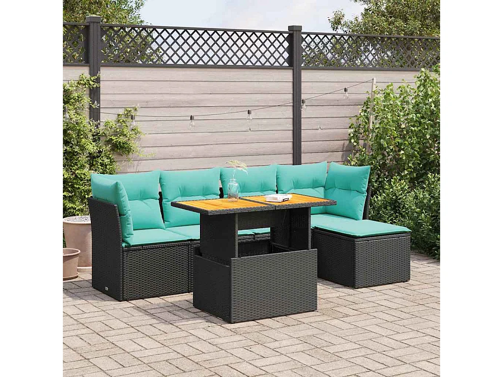 Set de sofás de jardín 6 piezas y cojines ratán sintético negro