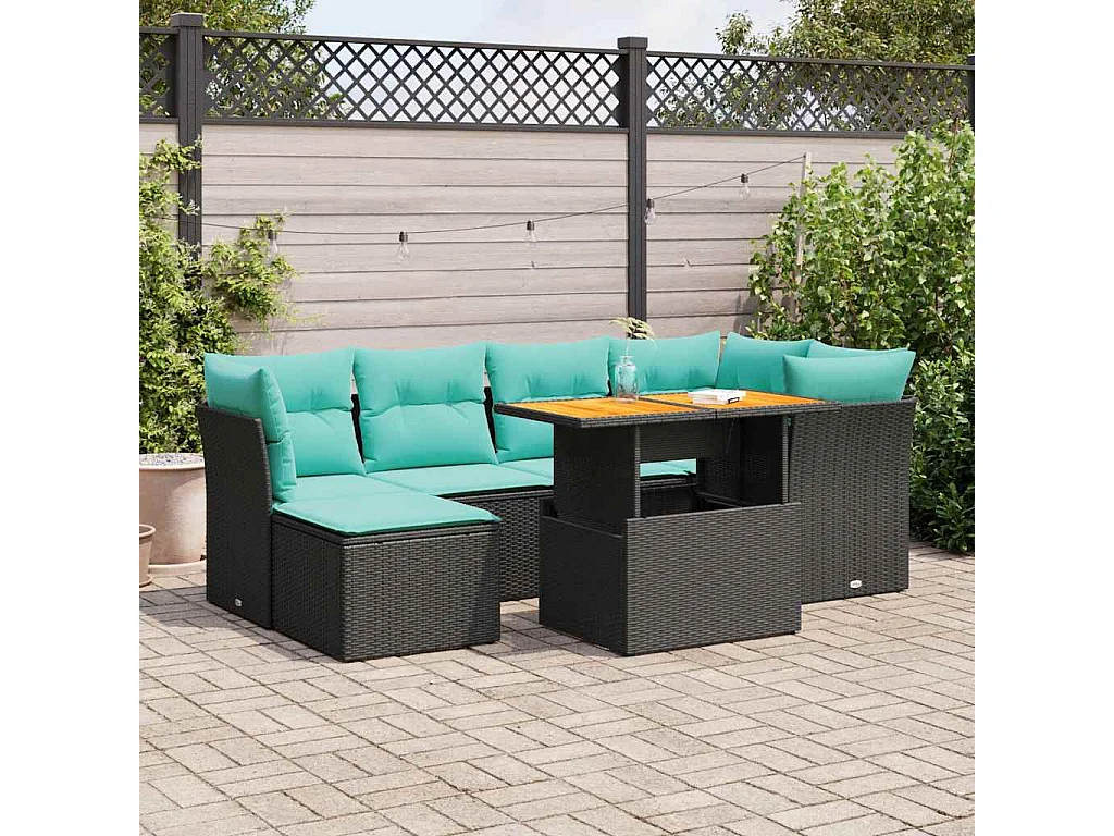 Set de sofás de jardín 7 piezas con cojines ratán sintético negro