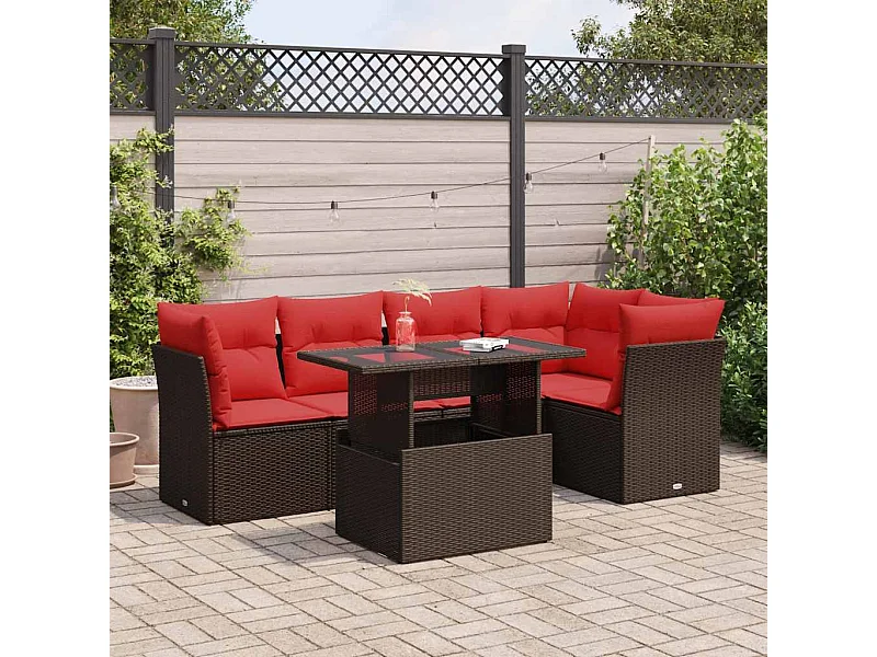 Salon de jardin avec coussins 6pièces marron résine tressée acacia