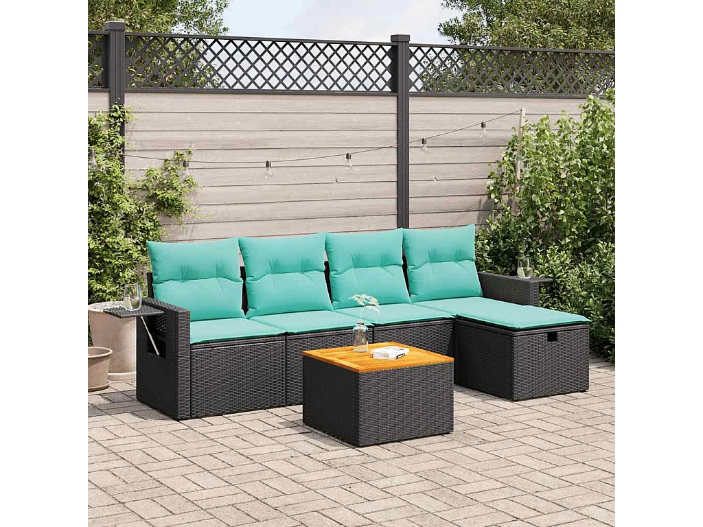 Set de sofás de jardín 6 piezas y cojines ratán sintético negro
