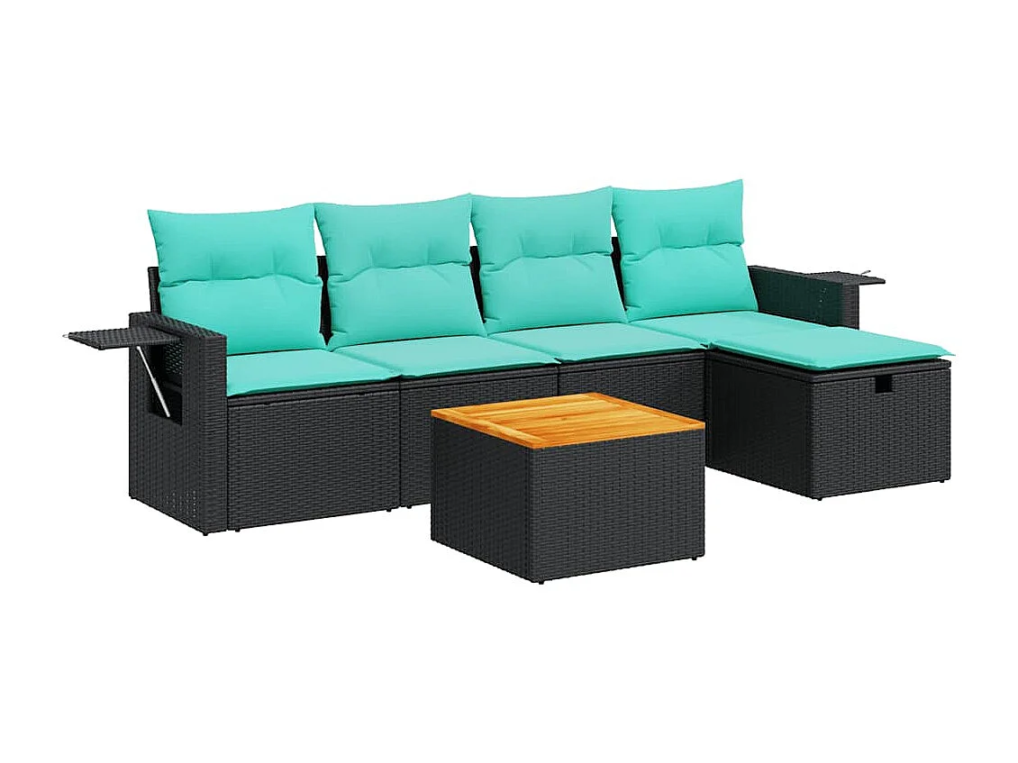 Set de sofás de jardín 6 piezas y cojines ratán sintético negro