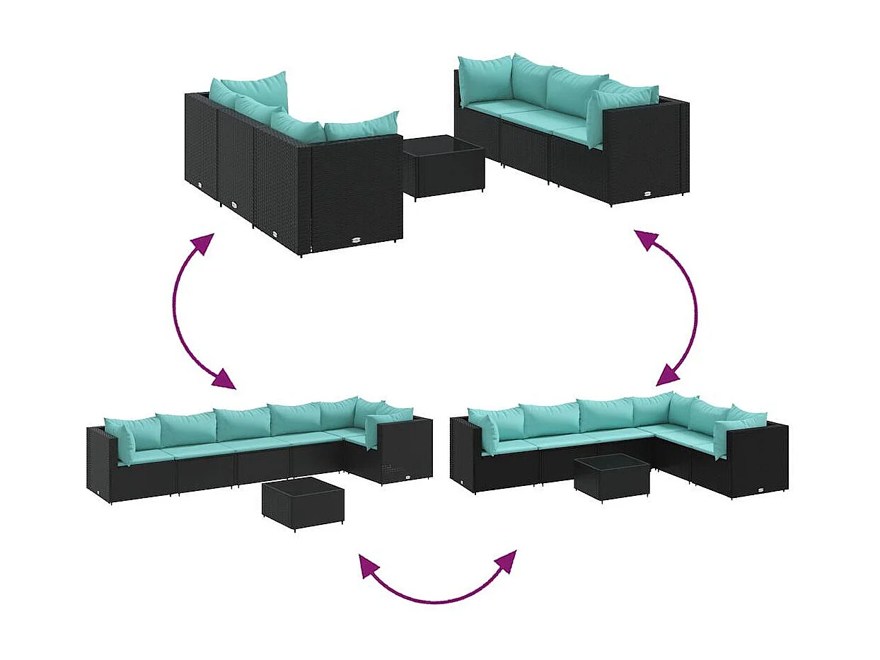 Set de muebles de jardín y cojines 7 piezas ratán sintético negro