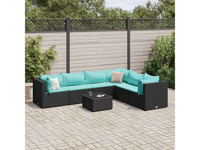 Set de muebles de jardín y cojines 7 piezas ratán sintético negro
