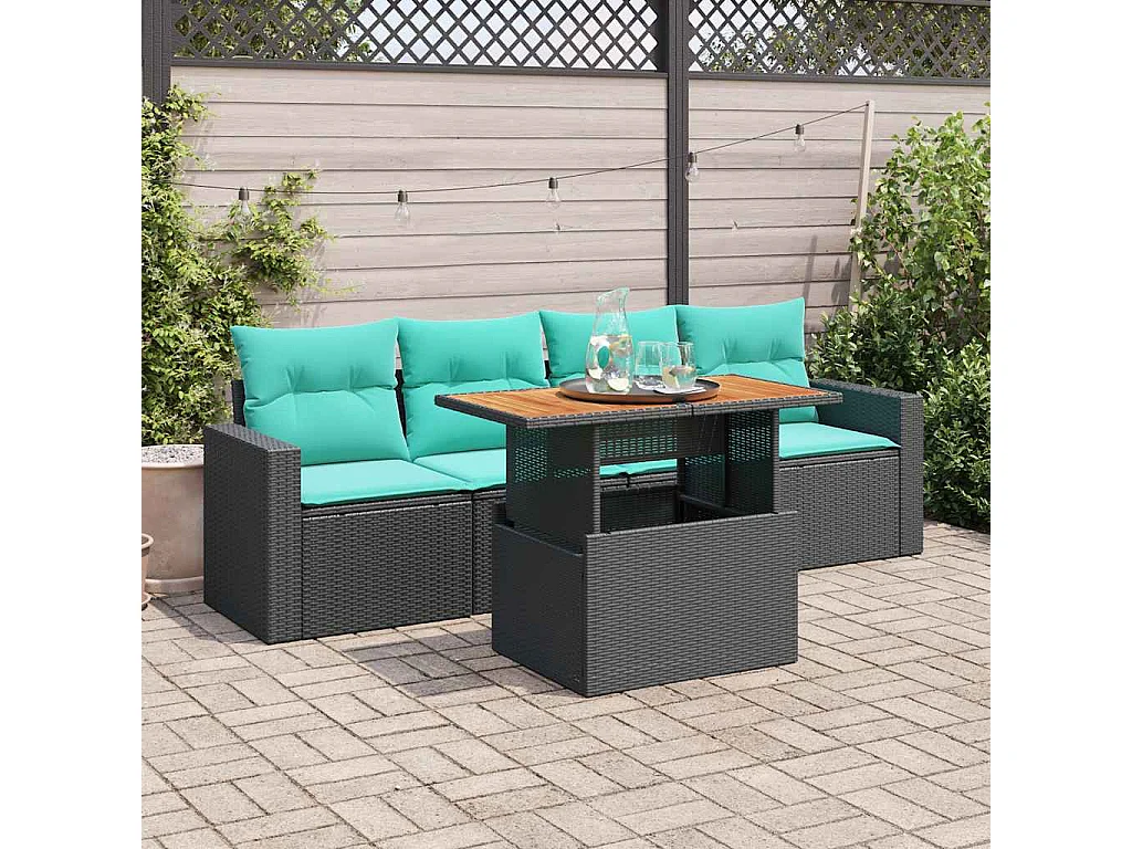 Set de muebles de jardín 5 piezas y cojines ratán sintético negro