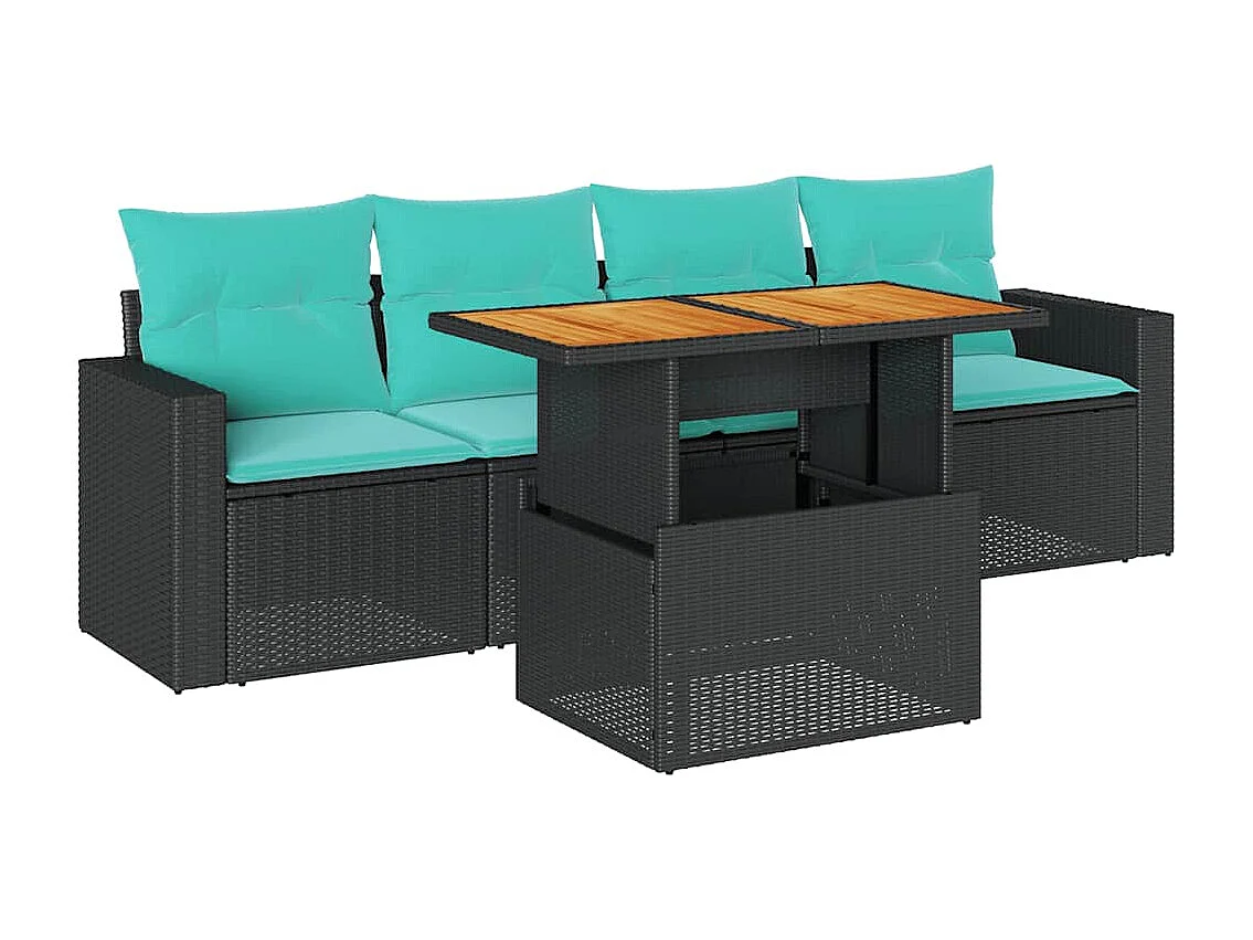 Set de muebles de jardín 5 piezas y cojines ratán sintético negro
