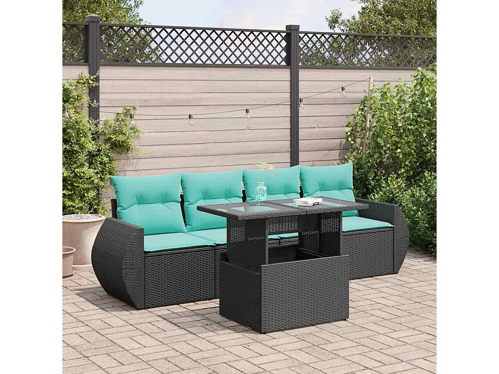 Set sofás jardín y cojines 5 piezas ratán sintético acacia negro