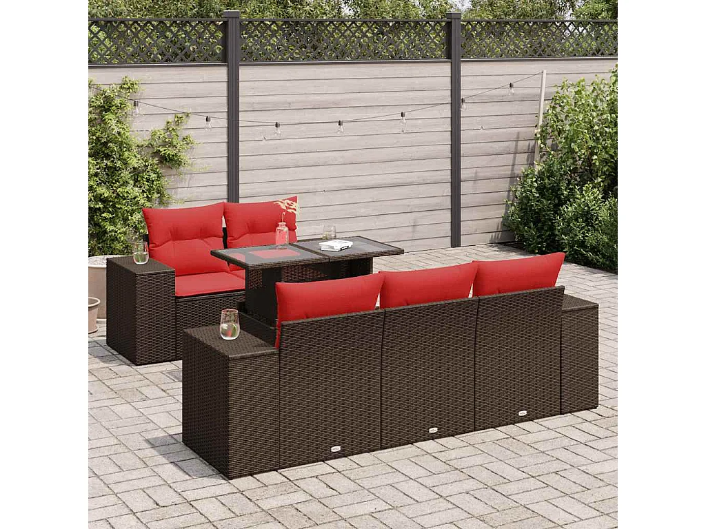 Salon de jardin avec coussins 6pièces marron résine tressée acacia