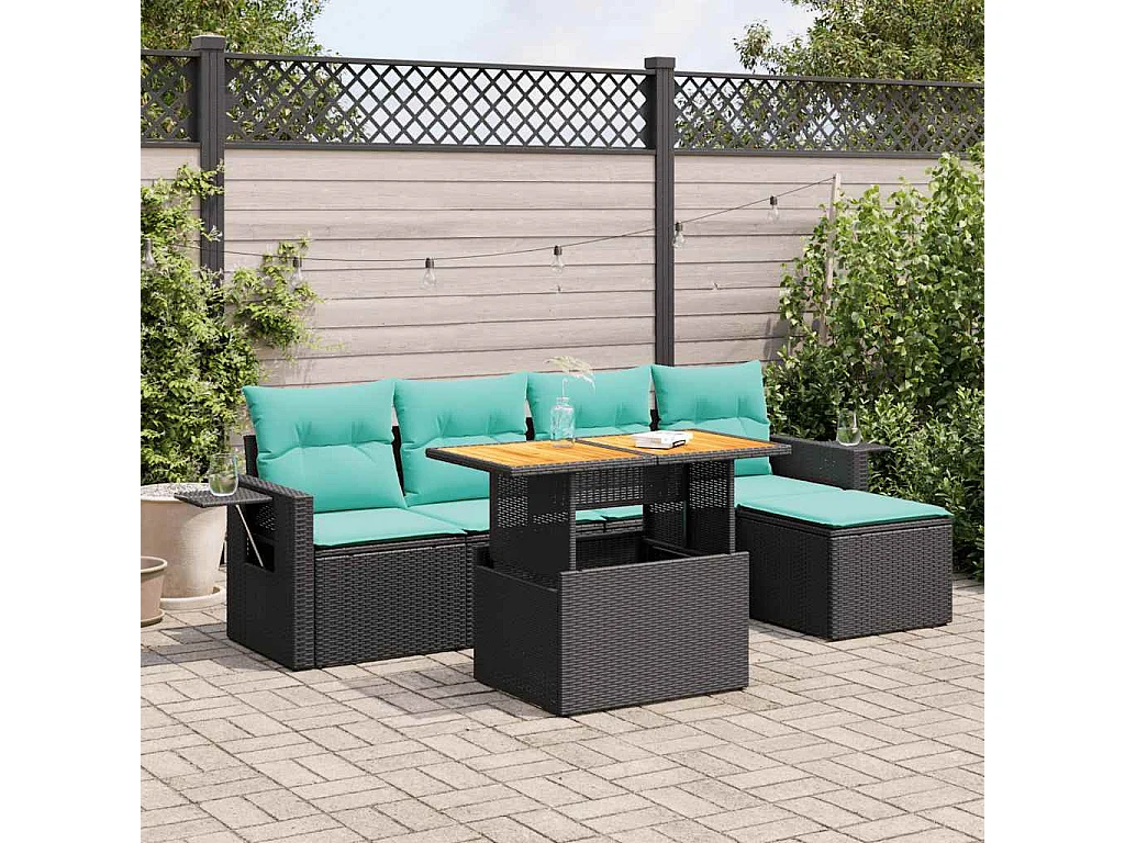 Set de sofás de jardín 6 piezas y cojines ratán sintético negro