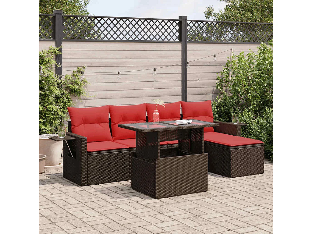 Salon de jardin avec coussins 6 pièces marron résine tressée acacia