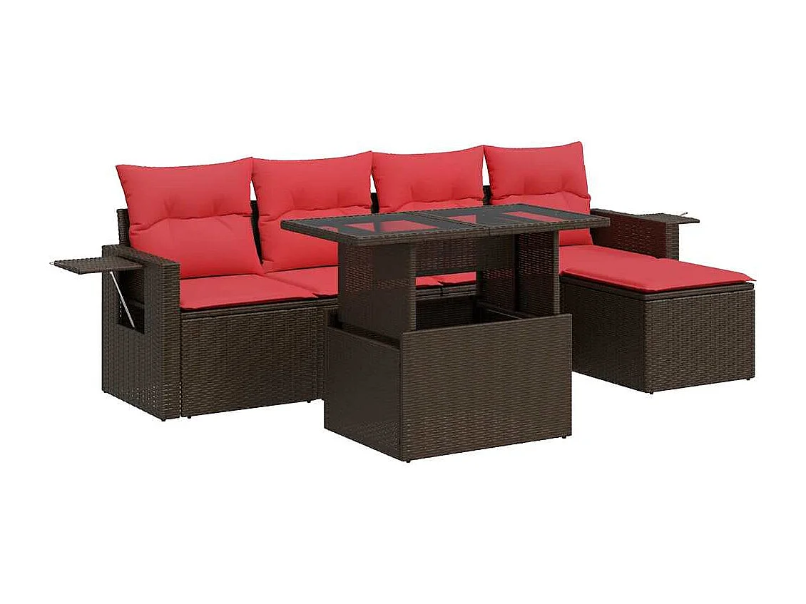 Salon de jardin avec coussins 6 pièces marron résine tressée acacia