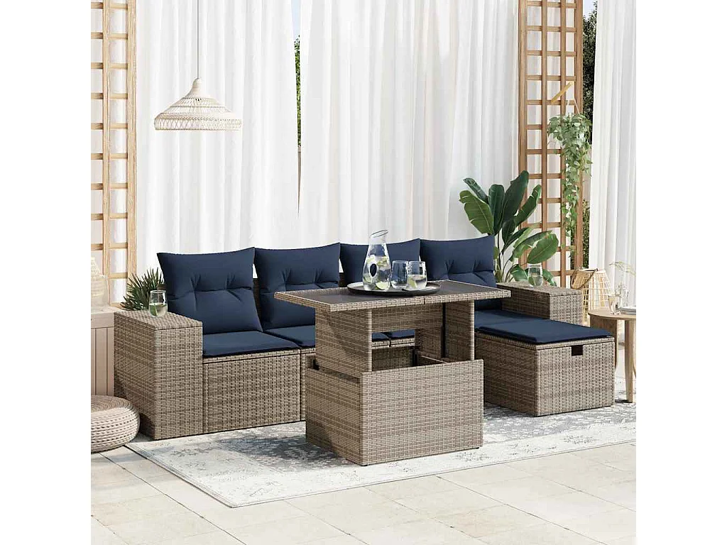 Salon de jardin avec coussins 6pièces marron résine tressée acacia