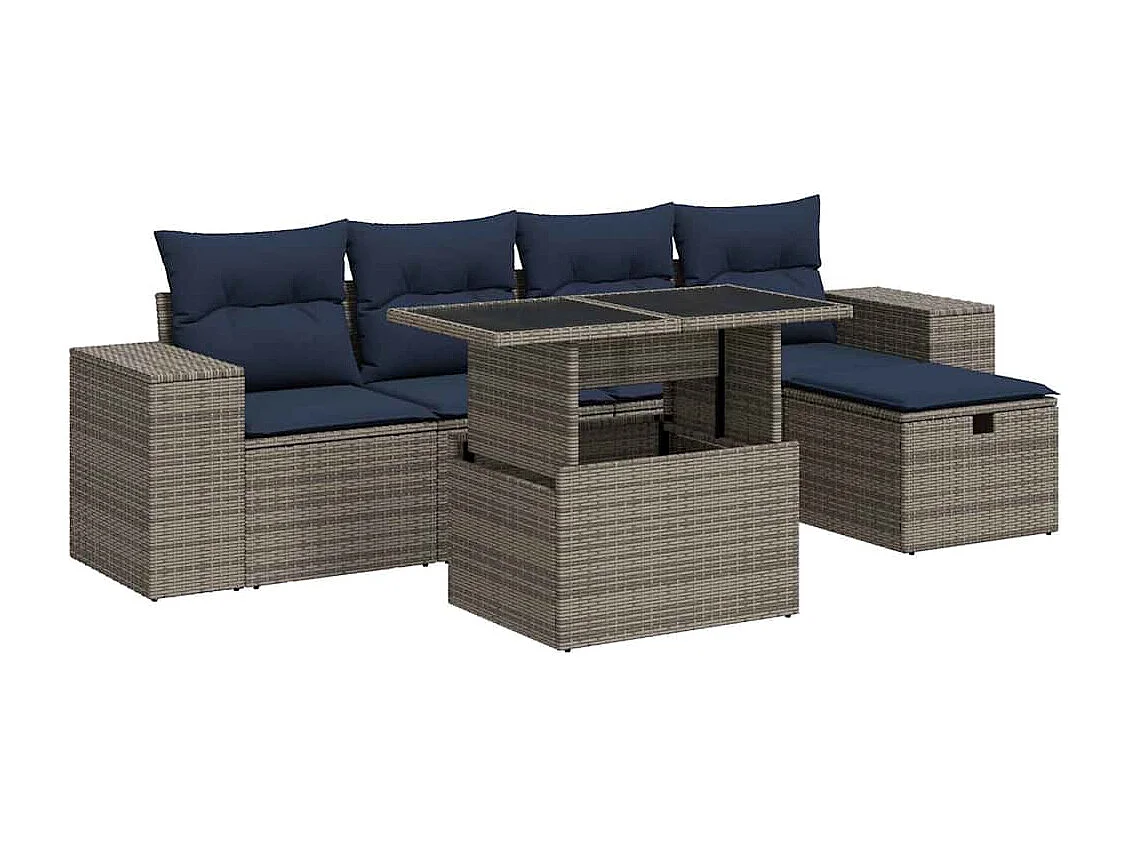 Salon de jardin avec coussins 6pièces marron résine tressée acacia