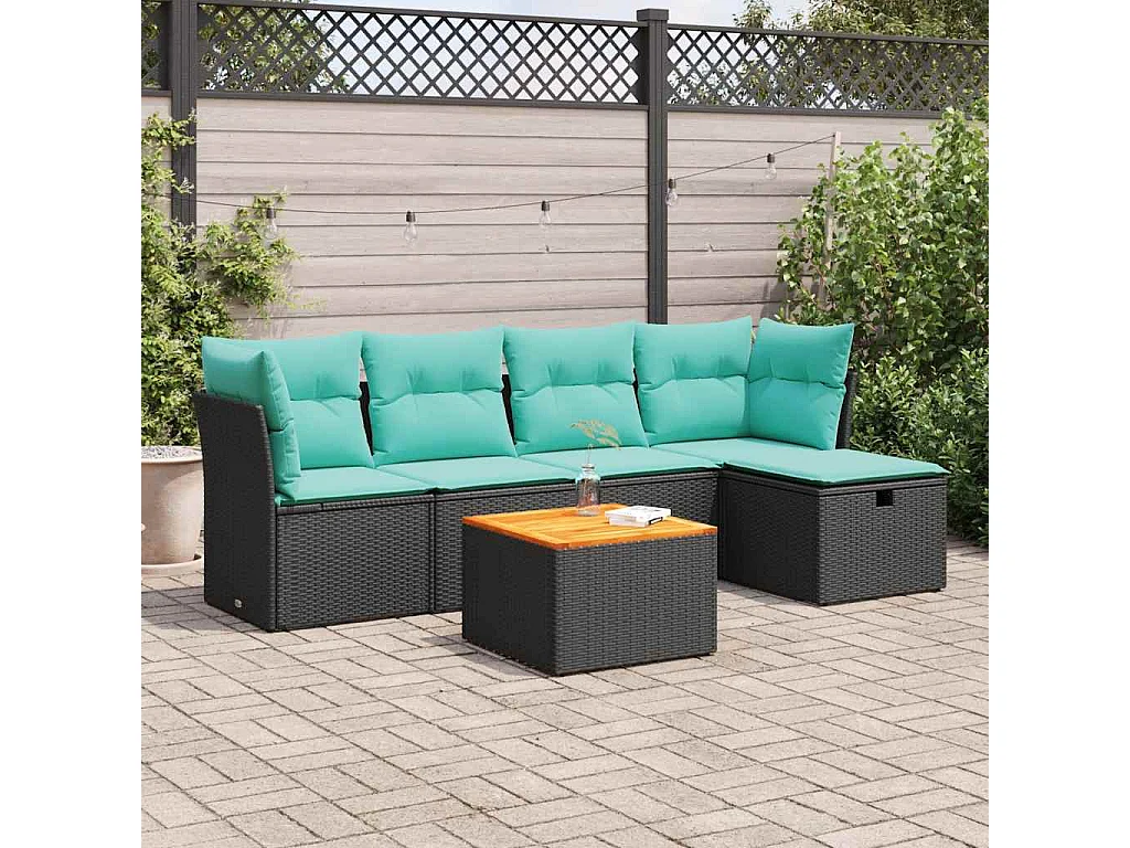 Set de sofás de jardín 6 piezas y cojines ratán sintético negro