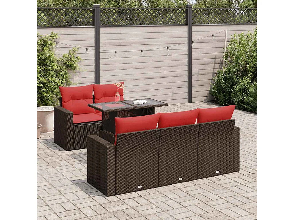 Salon de jardin avec coussins 6pièces marron résine tressée acacia