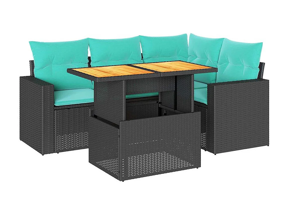 Set de muebles de jardín 5 piezas y cojines ratán sintético negro