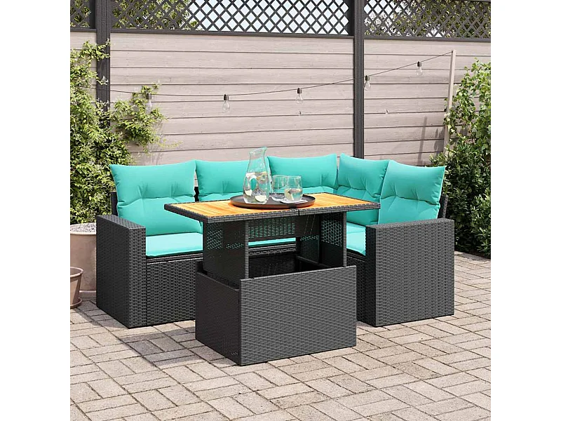 Set de muebles de jardín 5 piezas y cojines ratán sintético negro