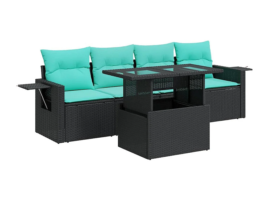Salon de jardin avec coussins 5 pièces noir résine tressée acacia