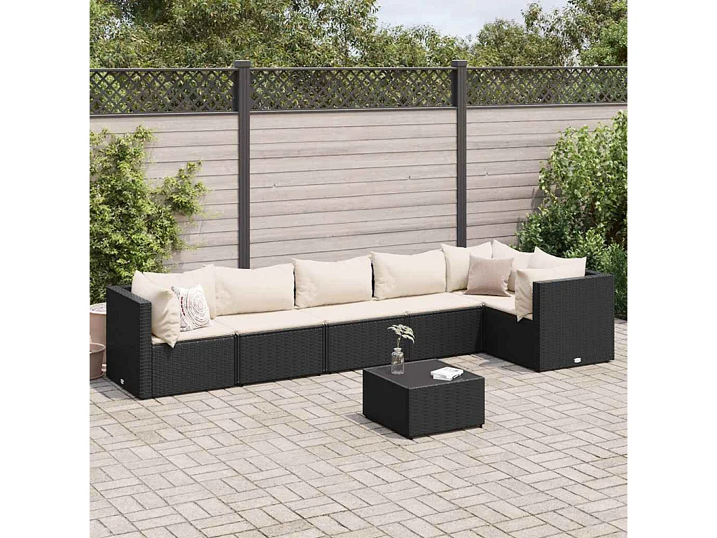Set de muebles de jardín y cojines 7 piezas ratán sintético negro