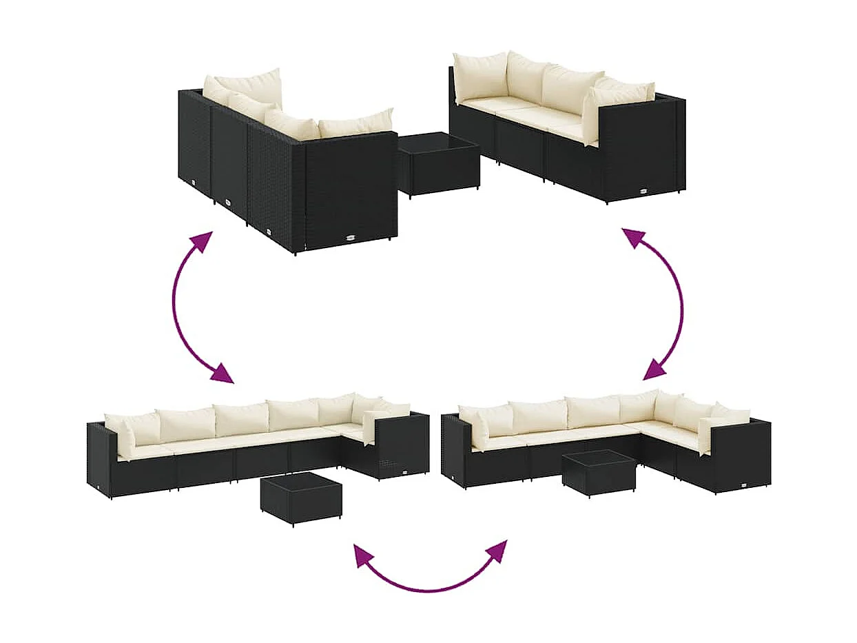Set de muebles de jardín y cojines 7 piezas ratán sintético negro