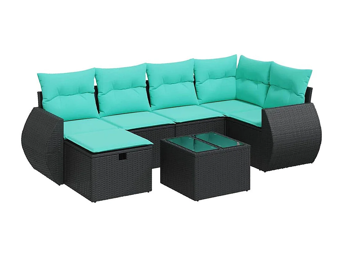Set de sofás de jardín 7 piezas con cojines ratán sintético negro