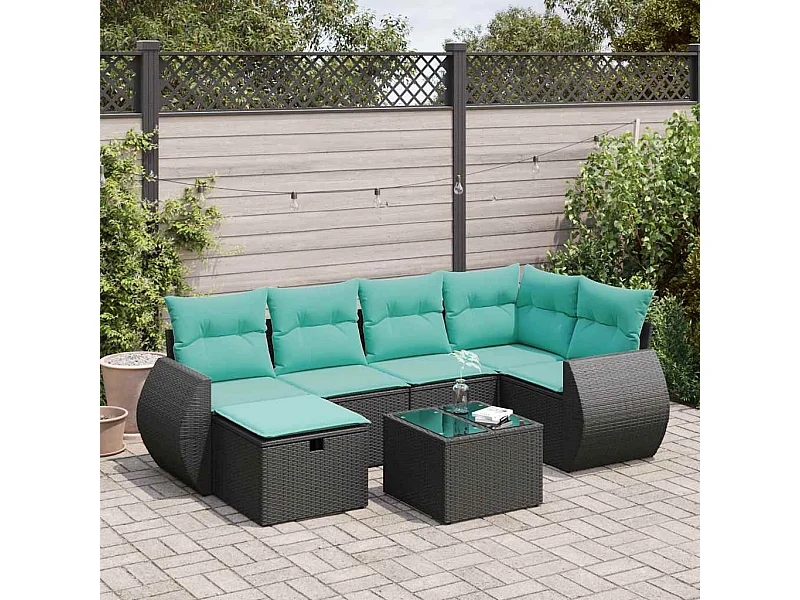 Set de sofás de jardín 7 piezas con cojines ratán sintético negro