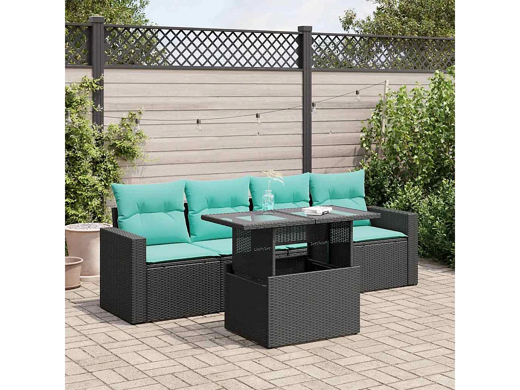 Set sofás jardín y cojines 5 piezas ratán sintético acacia negro