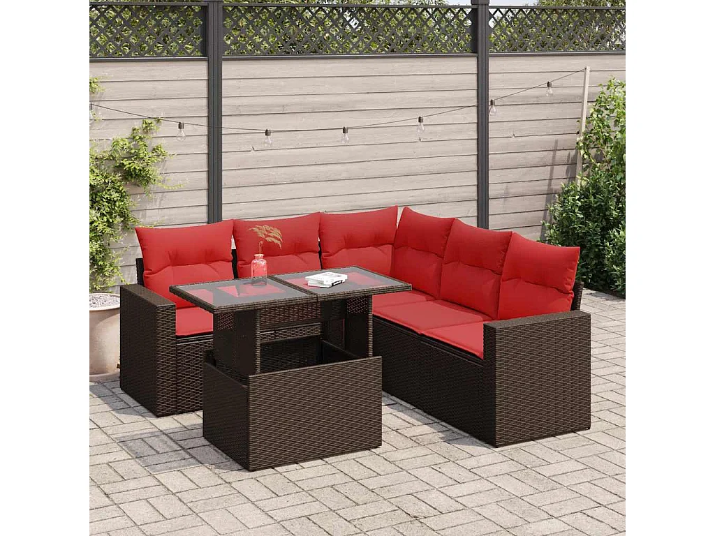 Salon de jardin avec coussins 6pièces marron résine tressée acacia