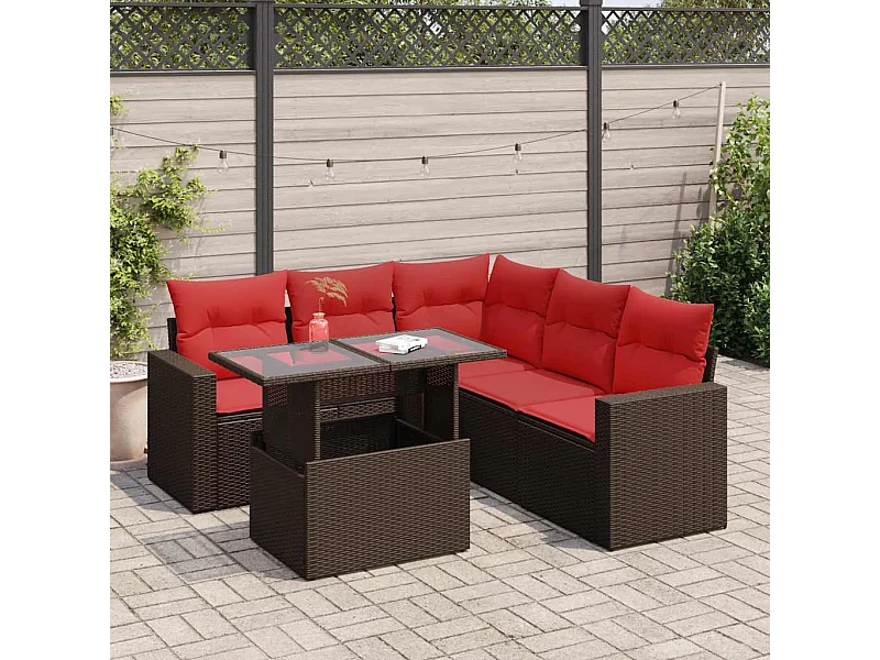 Salon de jardin avec coussins 6pièces marron résine tressée acacia