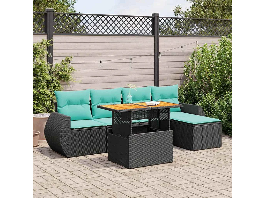 Set de sofás de jardín 6 piezas y cojines ratán sintético negro