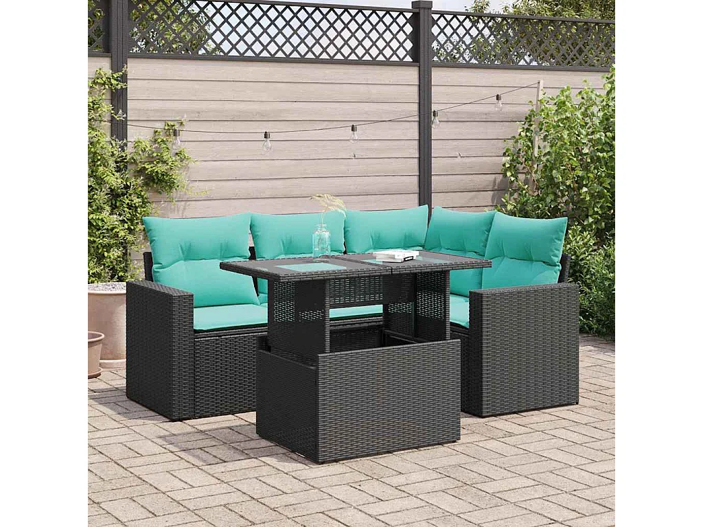 Set sofás jardín y cojines 5 piezas ratán sintético acacia negro