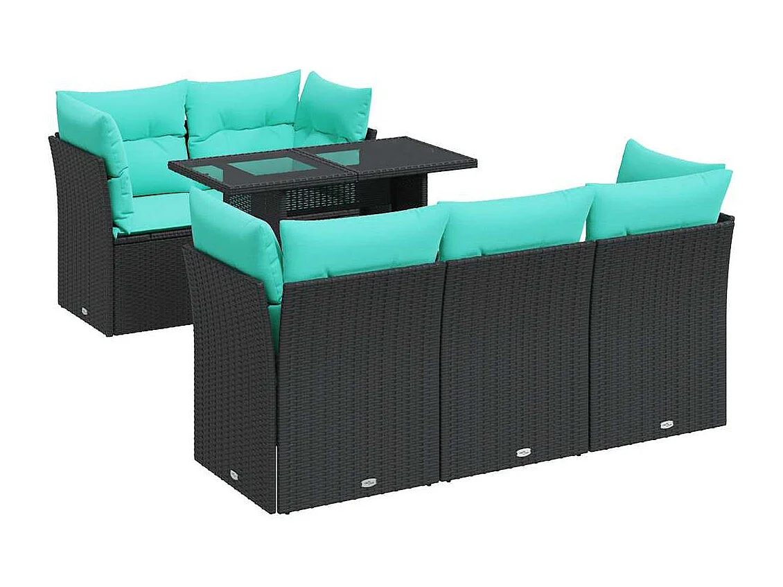 Salon de jardin 6 pièces avec coussins noir résine tressée acacia