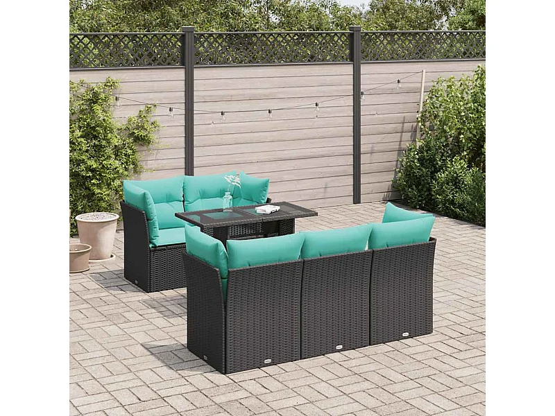 Salon de jardin 6 pièces avec coussins noir résine tressée acacia