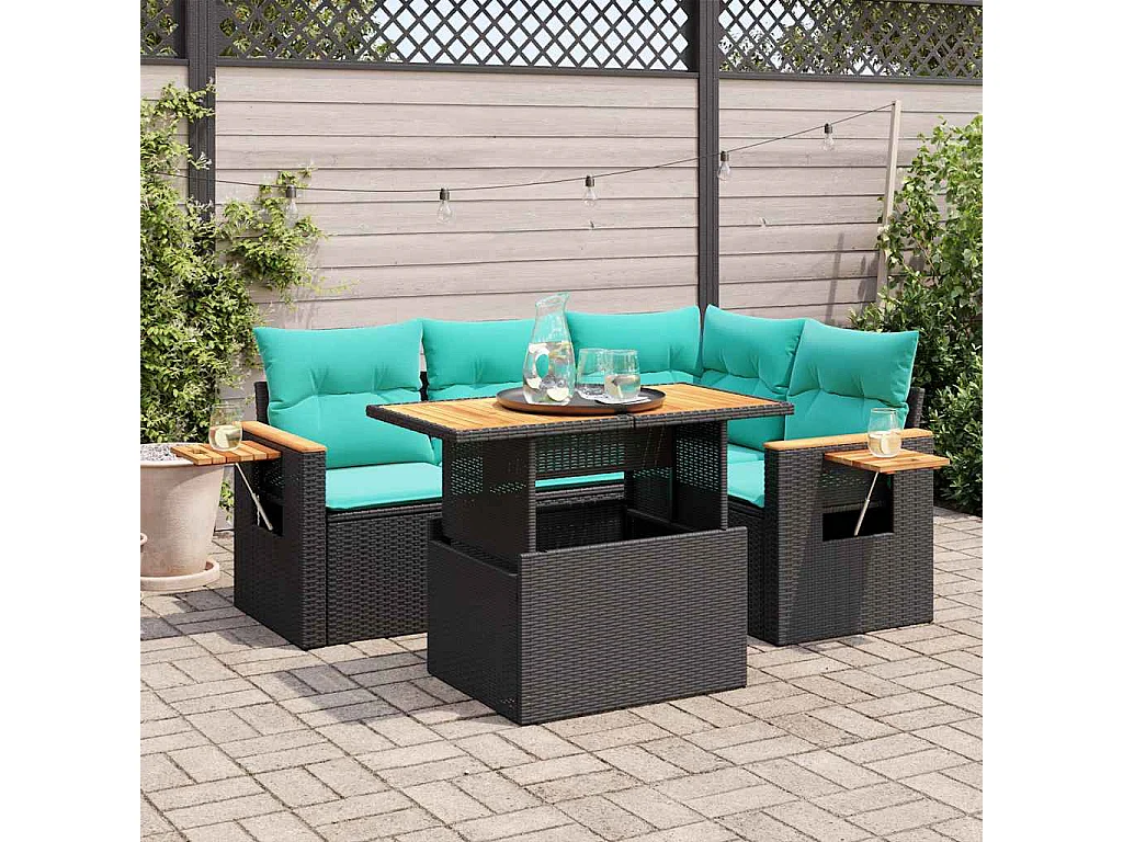 Set sofás jardín y cojines 5 piezas ratán sintético acacia negro