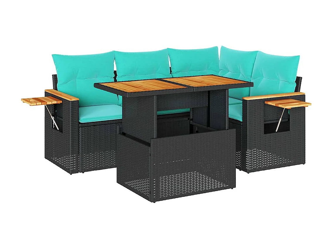 Set sofás jardín y cojines 5 piezas ratán sintético acacia negro