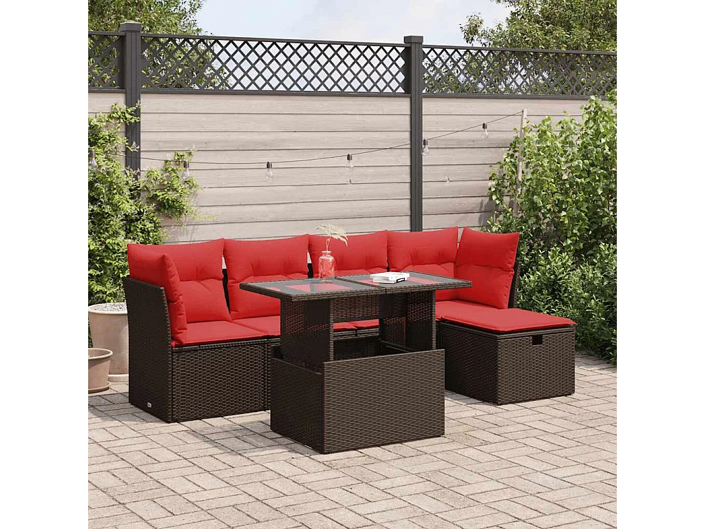 Salon de jardin avec coussins 6pièces marron résine tressée acacia