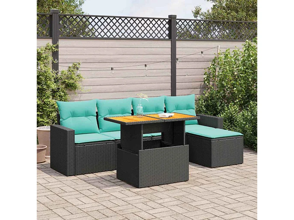 Set de sofás de jardín 6 piezas y cojines ratán sintético negro