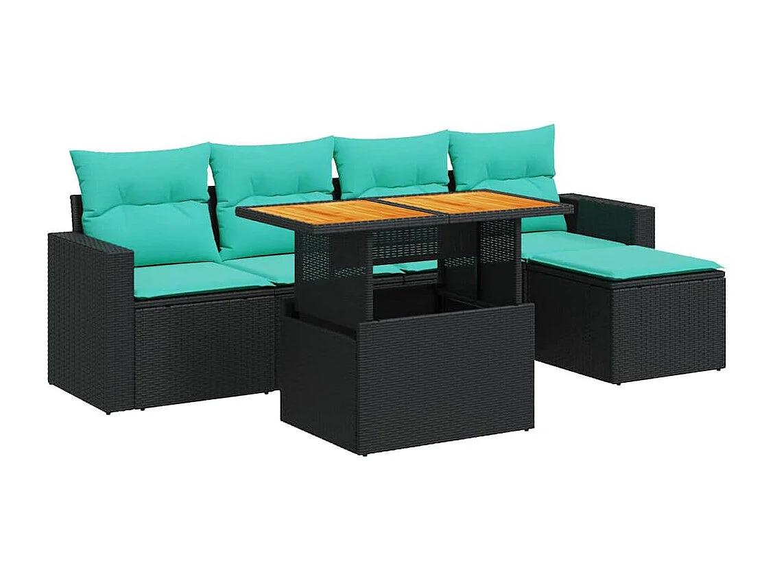 Set de sofás de jardín 6 piezas y cojines ratán sintético negro