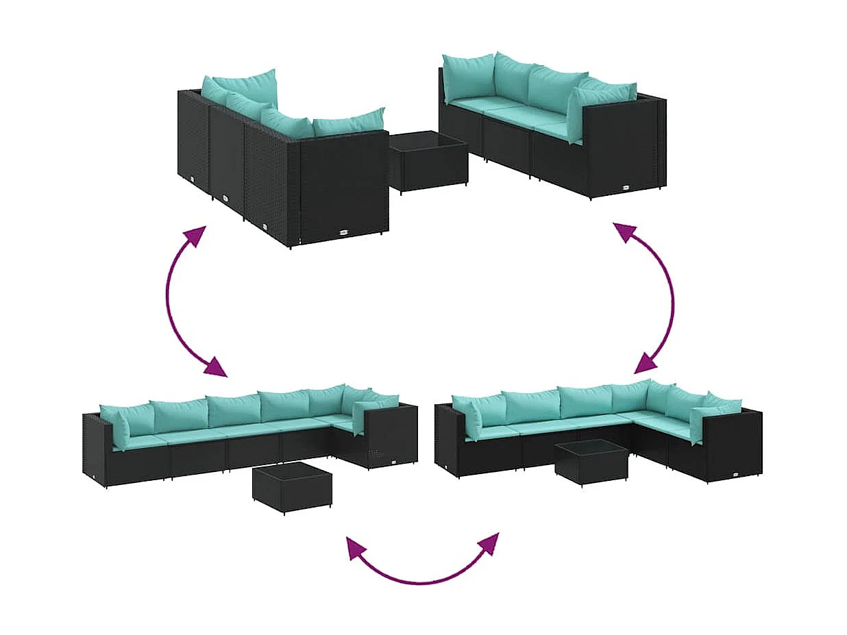Set de muebles de jardín y cojines 7 piezas ratán sintético negro