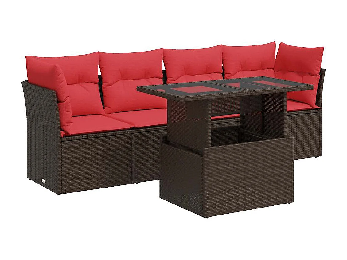 Juego Sofá Jardín 5 Piezas con Cojines Marrón Poli Ratán Acacia