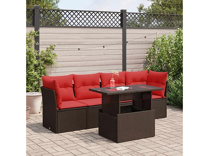 Juego Sofá Jardín 5 Piezas con Cojines Marrón Poli Ratán Acacia