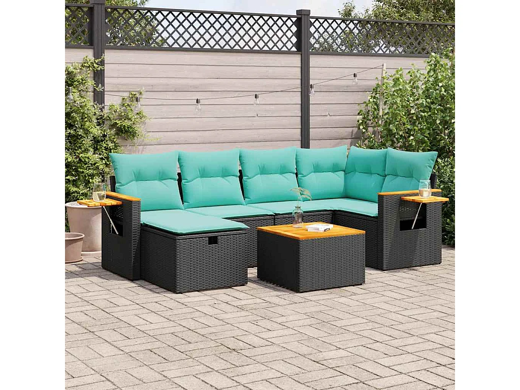 Set de sofás de jardín 7 piezas con cojines ratán sintético negro