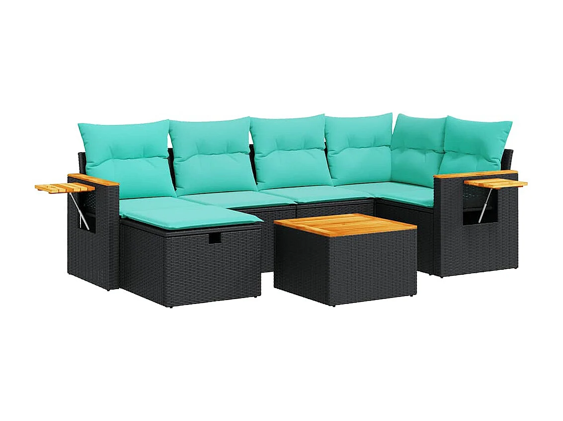 Set de sofás de jardín 7 piezas con cojines ratán sintético negro