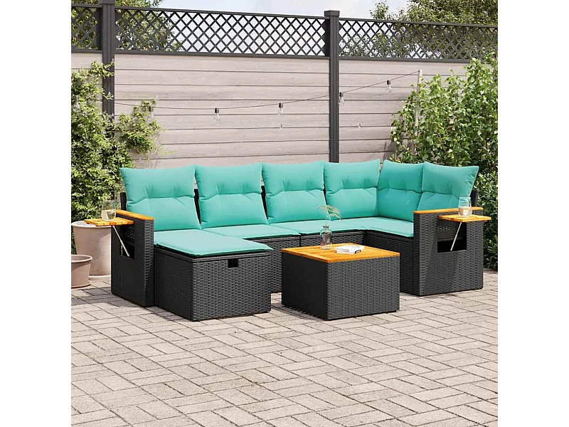 Set de sofás de jardín 7 piezas con cojines ratán sintético negro