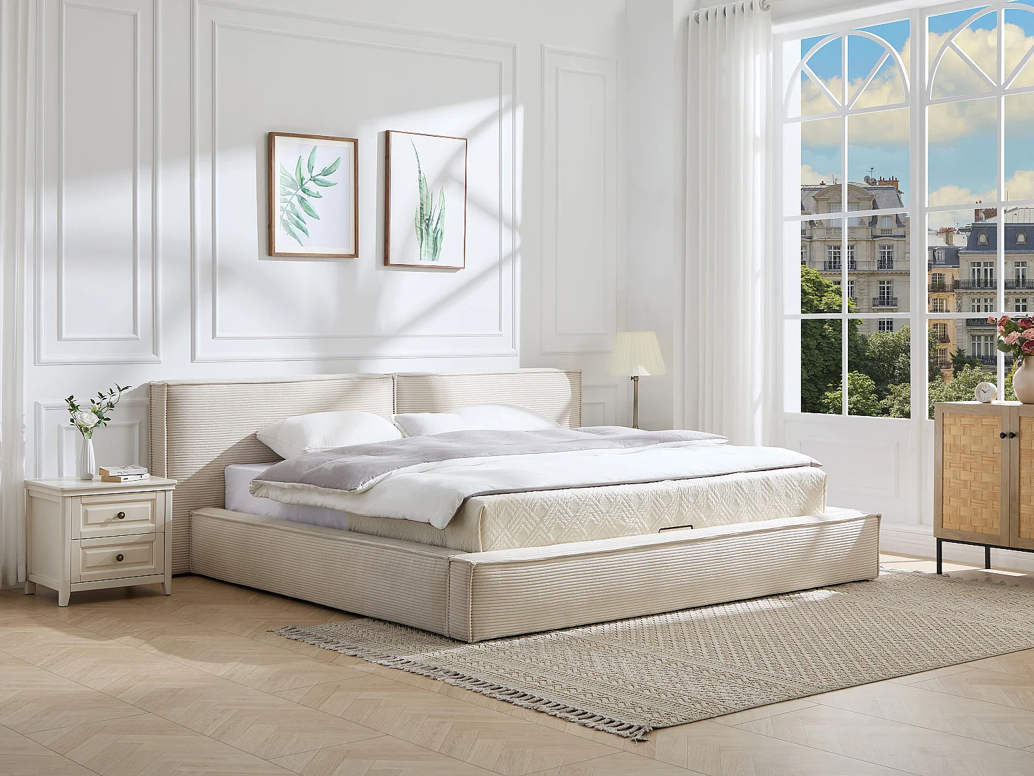 Lit coffre 200 x 200 cm – Velours côtelé – Beige + Matelas - TAVESO
