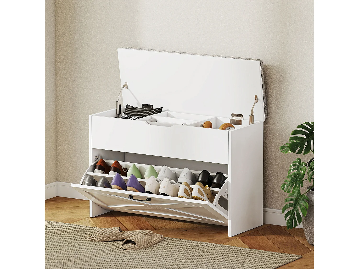 Panca scarpiera cassetto a ribalta e contenitore per 8 paia di scarpe