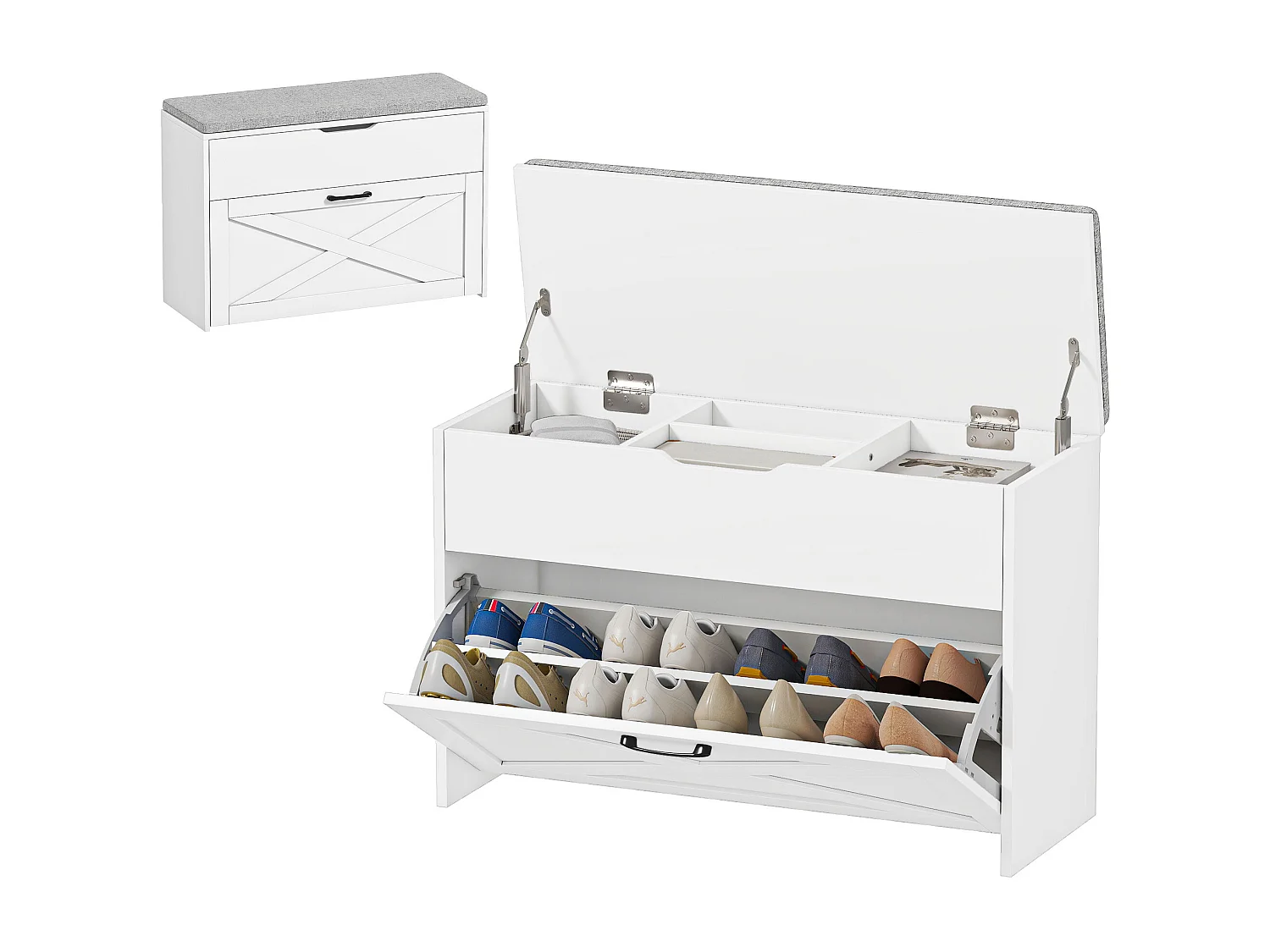 Panca scarpiera cassetto a ribalta e contenitore per 8 paia di scarpe