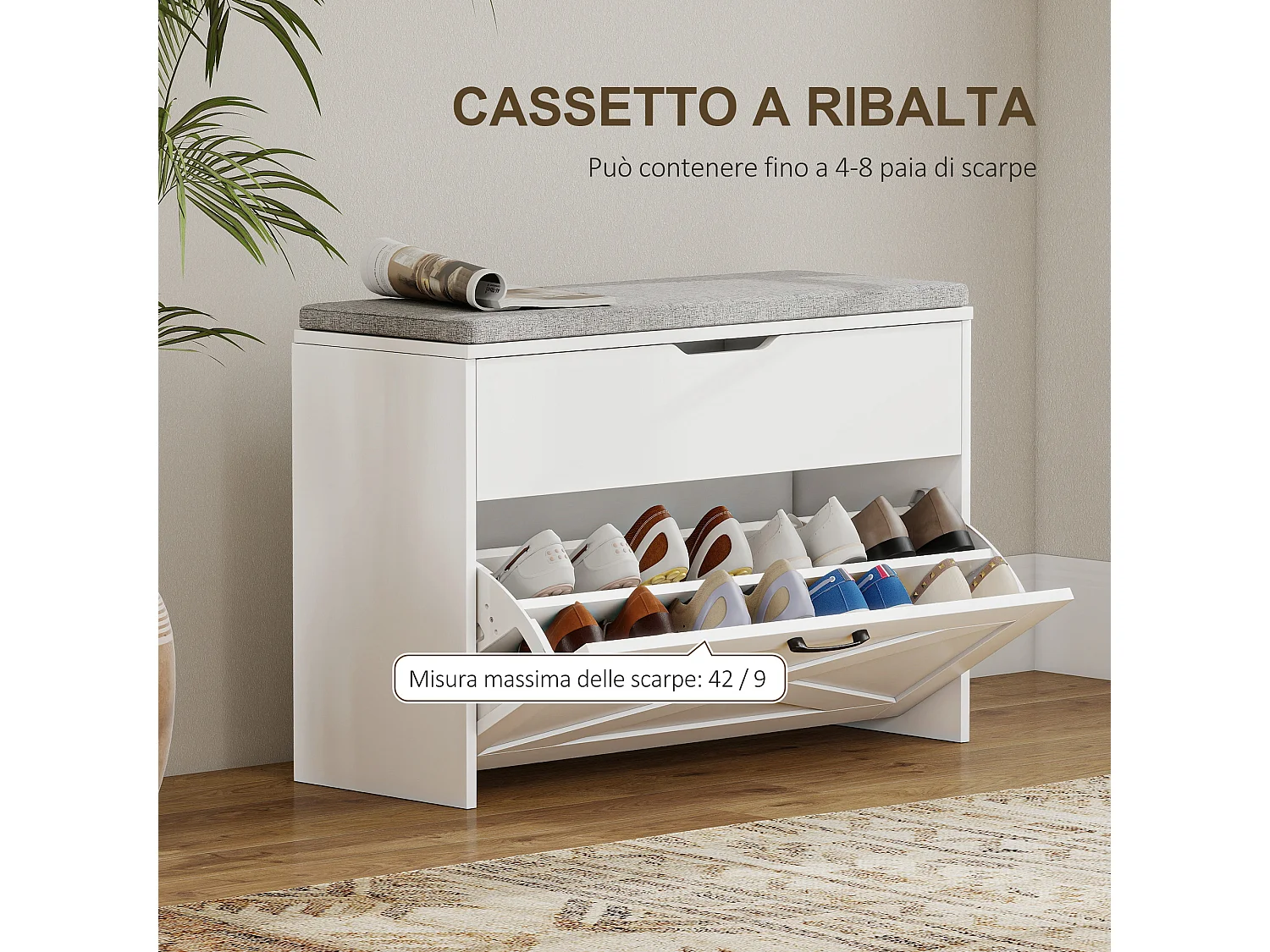 Panca scarpiera cassetto a ribalta e contenitore per 8 paia di scarpe