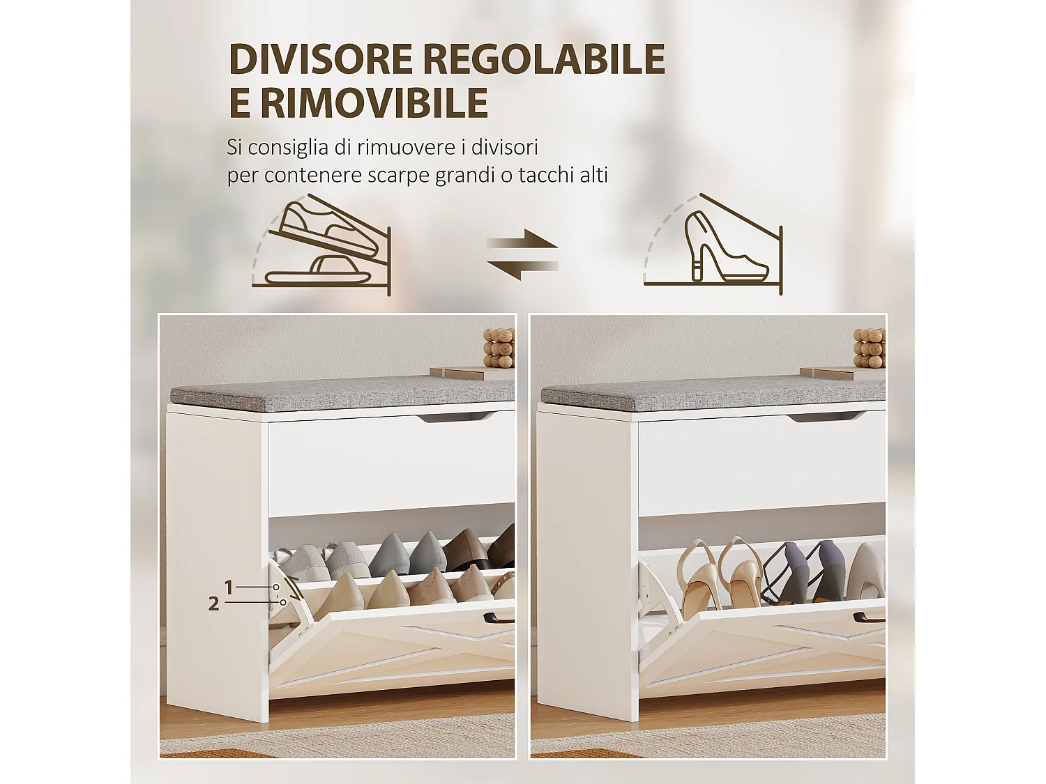 Panca scarpiera cassetto a ribalta e contenitore per 8 paia di scarpe