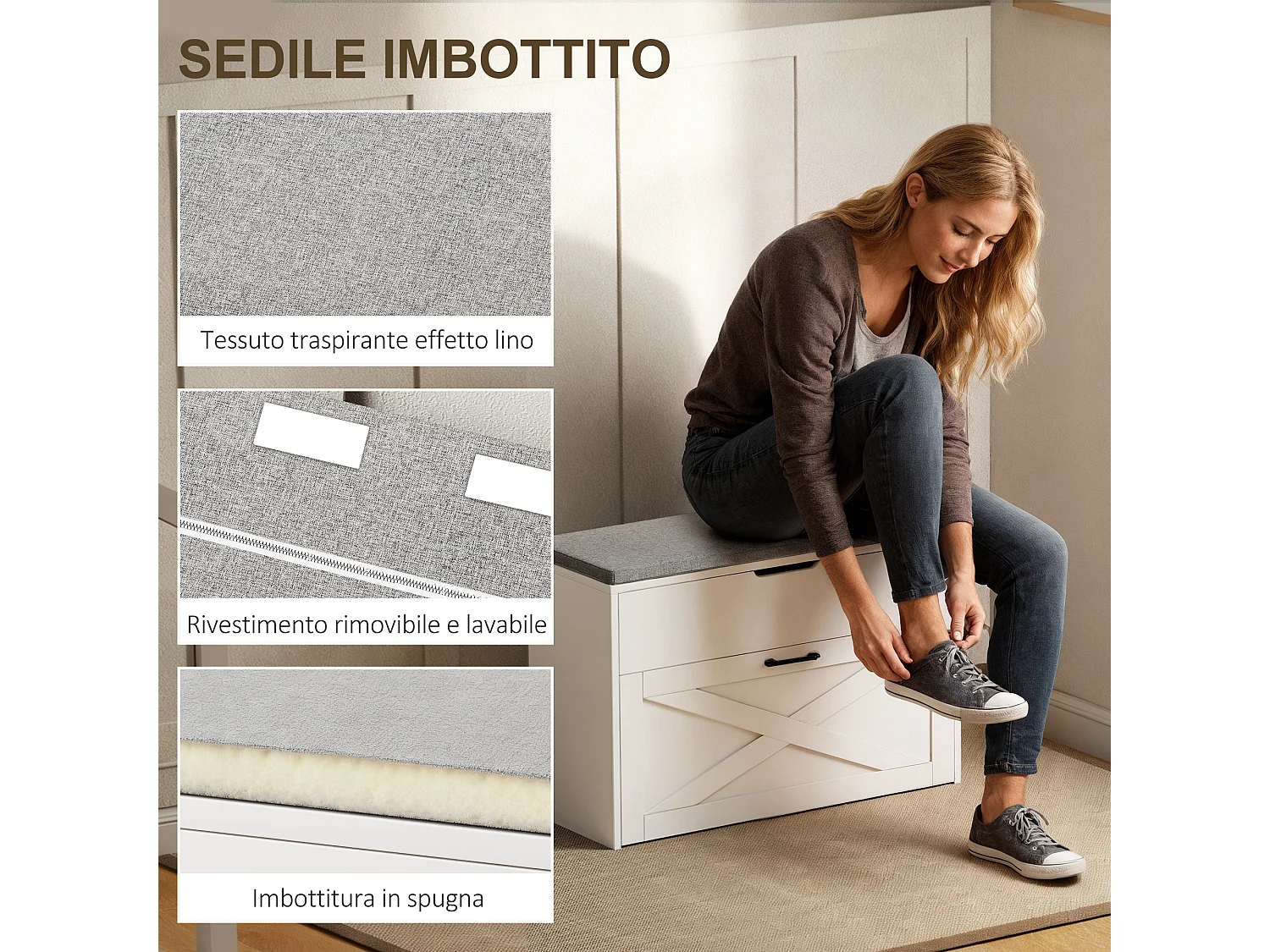 Panca scarpiera cassetto a ribalta e contenitore per 8 paia di scarpe